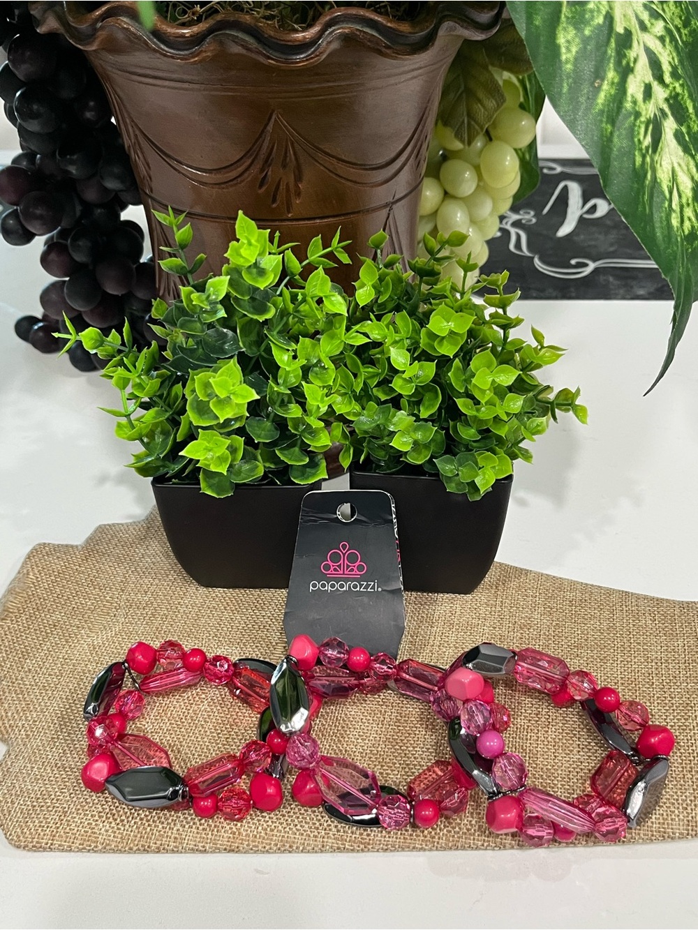 Bundle of 3-paparazzi Pink & Black Mixed Bead Stretch Bracelet Set